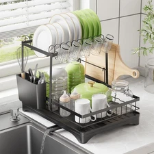 2-Tier Black Dish Drying Rack and Drainer Organizer with Cutlery Holder Large