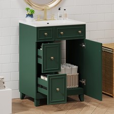 24" Forest Green Bathroom Vanity Cabinet with Ceramic Sink, 2 Drawers, 1 Soft-