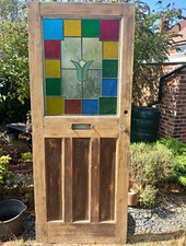 Wood Front Entrance Single Door , laminated Stained Glass Glazed Panel.