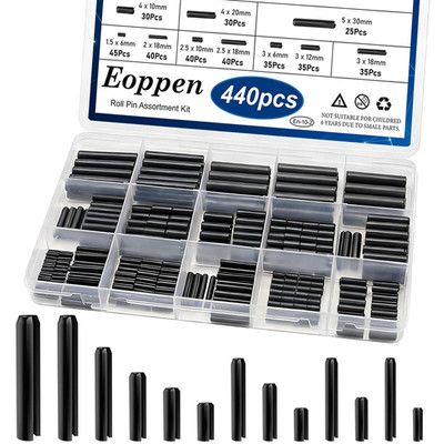 440Pcs Roll Pin Assortment Kit - Slotted Spring Pins Steel Split Expansion Pin 1