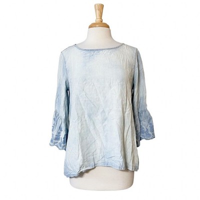John Mark Anthropologie Women's Shirt Small Boho Blue Striped Bell Sleeve Shirt