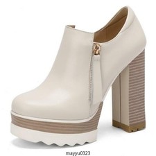 Womens Ankle Boots Round Toe Block High Heel Side Zip Platform Shoes Party Hot