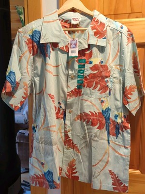 Barefoot in Paradise Men's Lt Blue Bird Hawaiian Button Down Shirt Size Large