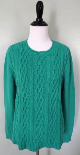 LANDS END Womens Green Cable Knit Crew Neck Sweater Size Medium 10-12 