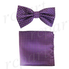 New Men's micro fiber Pre-tied Bow tie  hankie black purple checkers formal