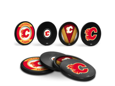 NHL Calgary Flames Real Hockey Puck Pieces Drink Table Coasters (4) Sherwood