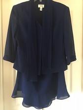 TALBOTS Navy Blue 2-Piece Ensemble Ruffle Hem Skirt Scarf Tie Jacket Size 14