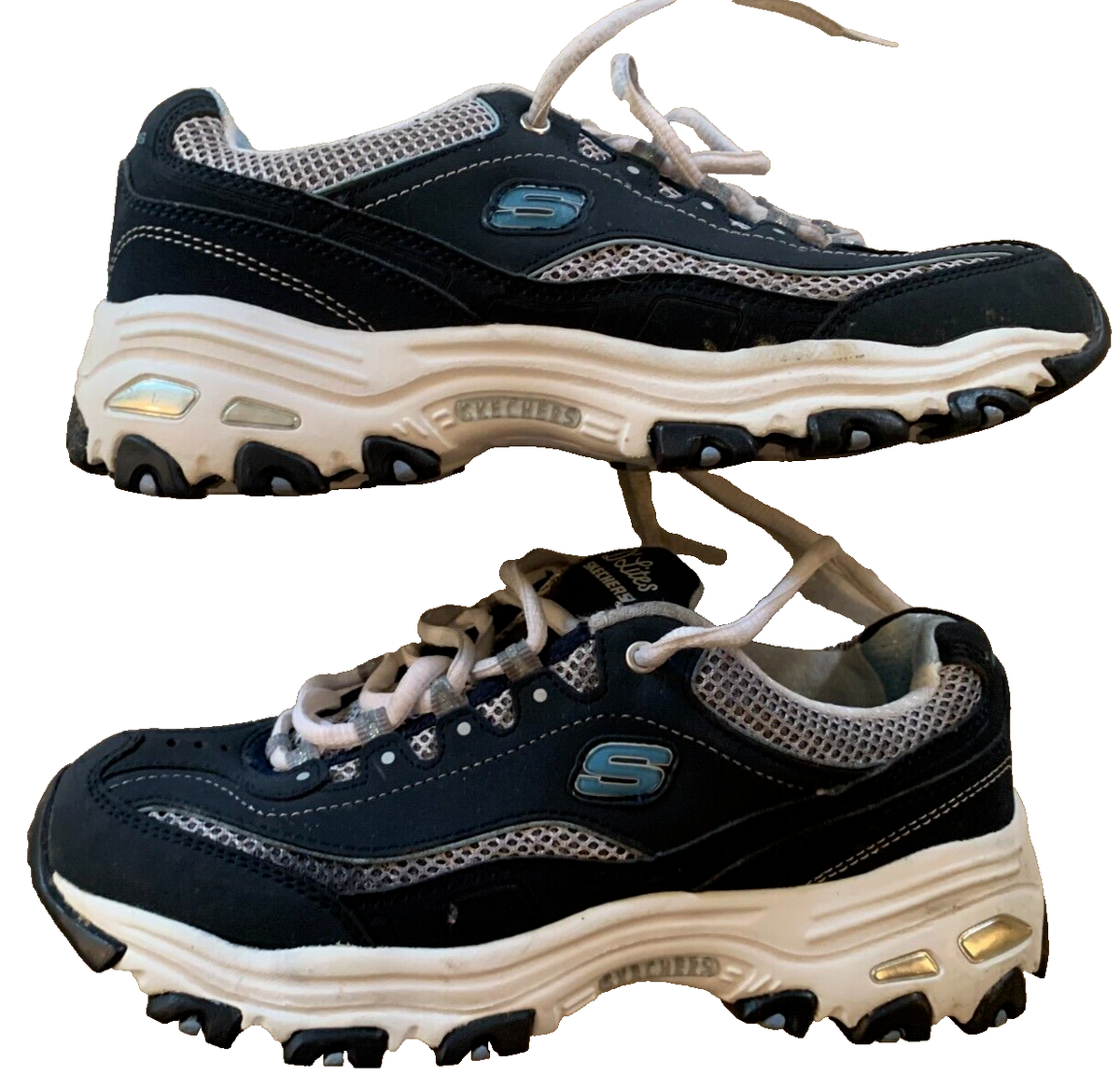 Skechers Sport D'Lites Walking Casual Shoes Navy Blue White Women's Sz