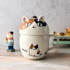 Kawaii Unique Cat Ceramic Tea/Coffee Mug with lid/Neko Sankyodai Rose Mug 