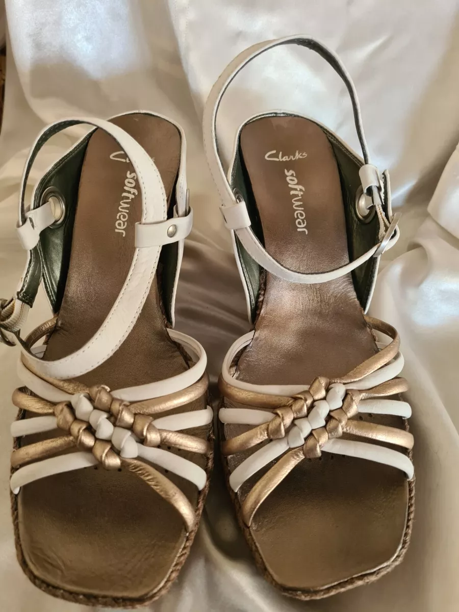 Clarks Softwear White Gold Leather Strappy Wedge Sandals With Knot