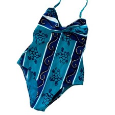 Vintage Cotton Swimsuit Large Blue Gold Hand Painted Turtles Bombshell Mermaid