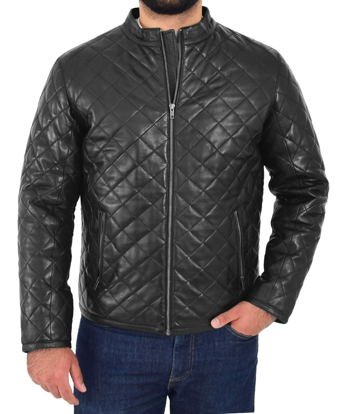 Mens Leather Puffer Jacket Black Padded Zip Fasten Stand-up Band Collar Anorak