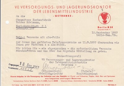 BERLIN, Brief 1957, VE Versorgungs-Lagerungskontor Lebensmittel-Industrie Geträn