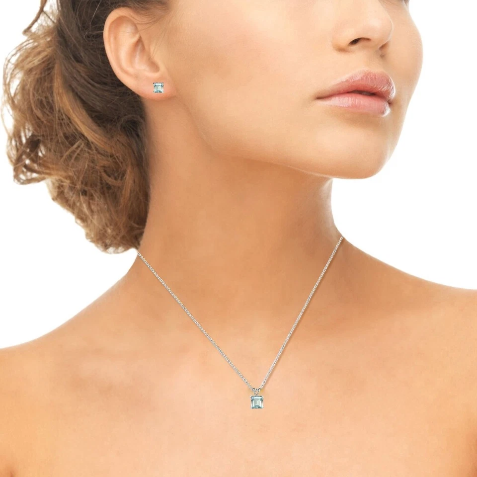 Juego de collar y aretes solitario aguamarina talla princesa en plata 925 Foto 3 de 3