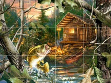 country log cabin outdoor trout fishing nature ceramic tile mural backsplash