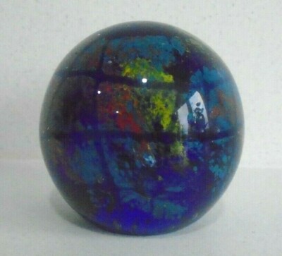 Ausgefallener abstrakter Halbkugel Planet Kunst Glas Briefbeschwerer blau gelb rot 7 cm