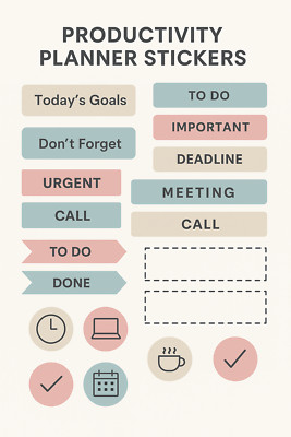Printable Productivity Stickers | PDF & PNG | Digital Planner Sheet | High Reso.
