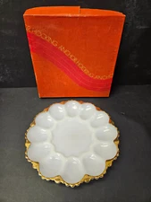 Vintage Anchor Hocking Fire King Gold Trim Milk Glass Deviled Egg Serving Plate