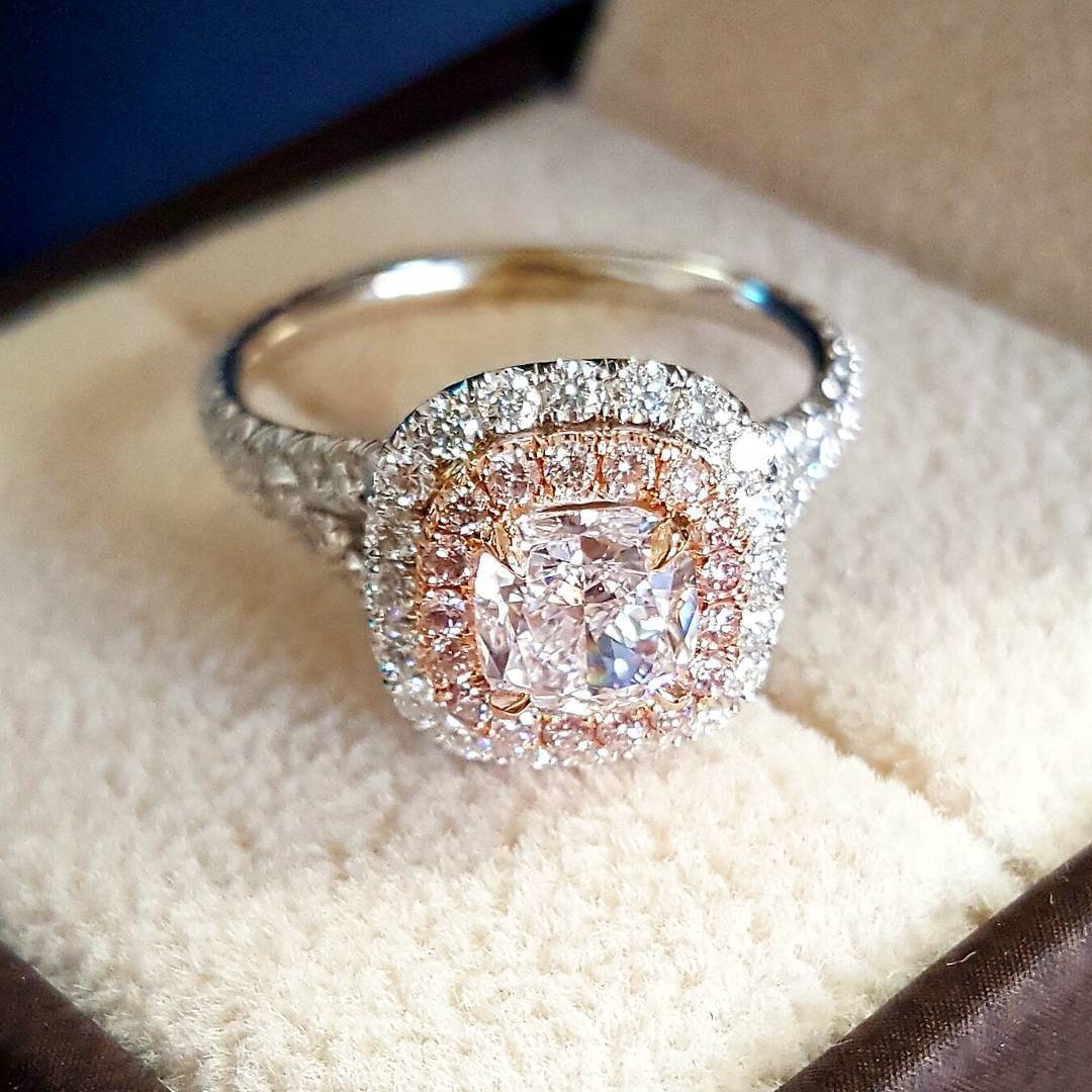 Unique Diamond Double Halo Heart w/ Pink Diamonds Engagement Ring - with A 1 ct Center Heart Shape GIA Natural Diamond in Rose Gold