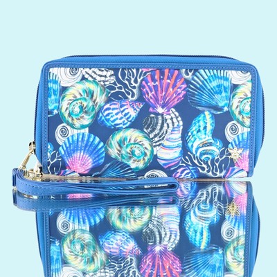 Anuschka Wanderlust Wallet Blue Multicolor Ocean Print Beach Sea Leather Trim!!