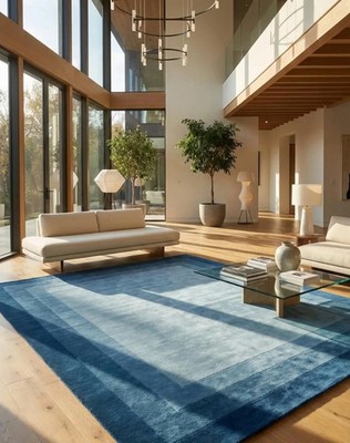 Hand Tufted Blue Wool Rug Modern Gradient Border Area Rug Living Room Carpet