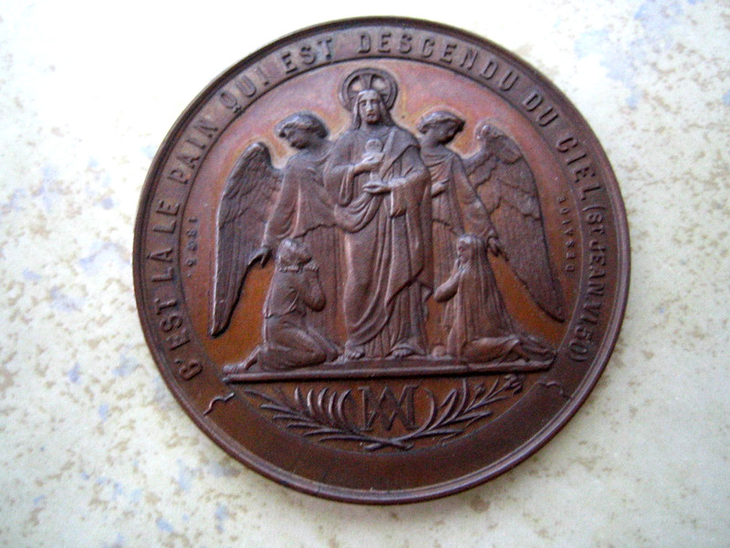Antique French Jesus + Angel Medal ~ late 1800s Baptism Confirmation  ~ DESAIDE