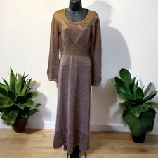 Vintage 70s Wenjilli Maxi Dress Size 7/8 Copper Metallic Shiny Disco Long Sleeve