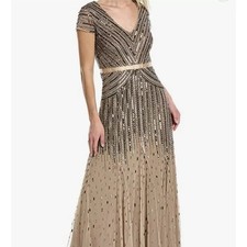 Adrianna Papell Beaded Maxi Dress Womens Plus Size 16W Long Cap Sleeve Nude