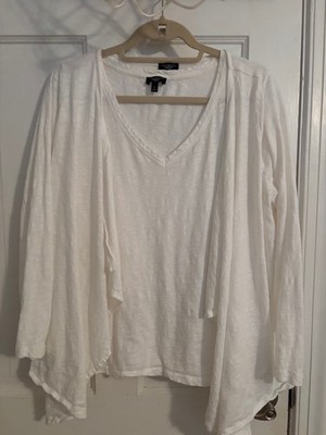 Talbots Twin Set White 1x (16-18) V-Neck T-Shirt and Waterfall Cardigan