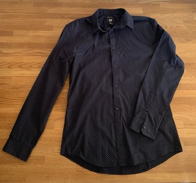 H&M Herren Slim Fit Easy Iron Hemd Blau/Weiß gepunktet  Größe M