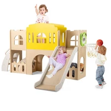 7-in-1 Toddler Slide Set Wooden Castle-Shaped Entertainment Activity Center