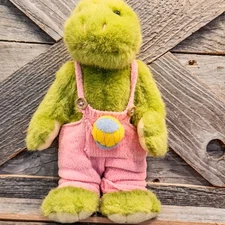 2001 Vintage Hugfun Plush Green Frog with Easter Egg in Pink Overalls, Rare, 9”