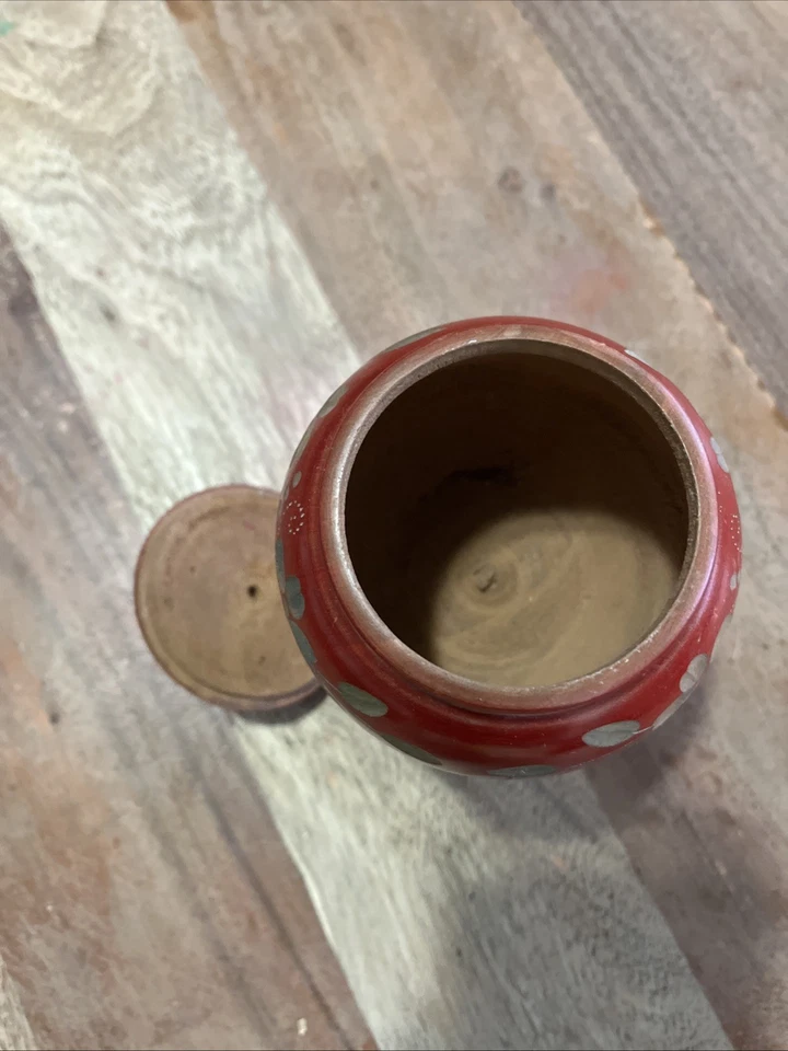 Contenedor de MADERA ROJA LACADA TALLADA con Tapa Flores Hojas Oriental Torneado Foto 4 de 4