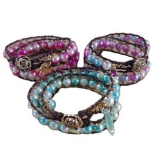 Double Wrap Beaded Leather Bracelets - Set of 3 with Leaf Charms