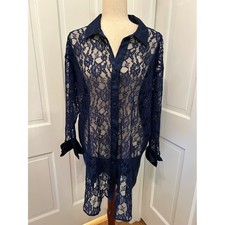 VICTORIA'S SECRET Gold Label VTG Lace Sleep Shirt Navy Sheer Button S