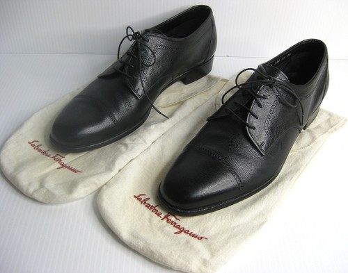 Salvatore Ferragamo Sz 11 Black Pebbled Leather Dress Shoes + Logo Bags ~Cap Toe