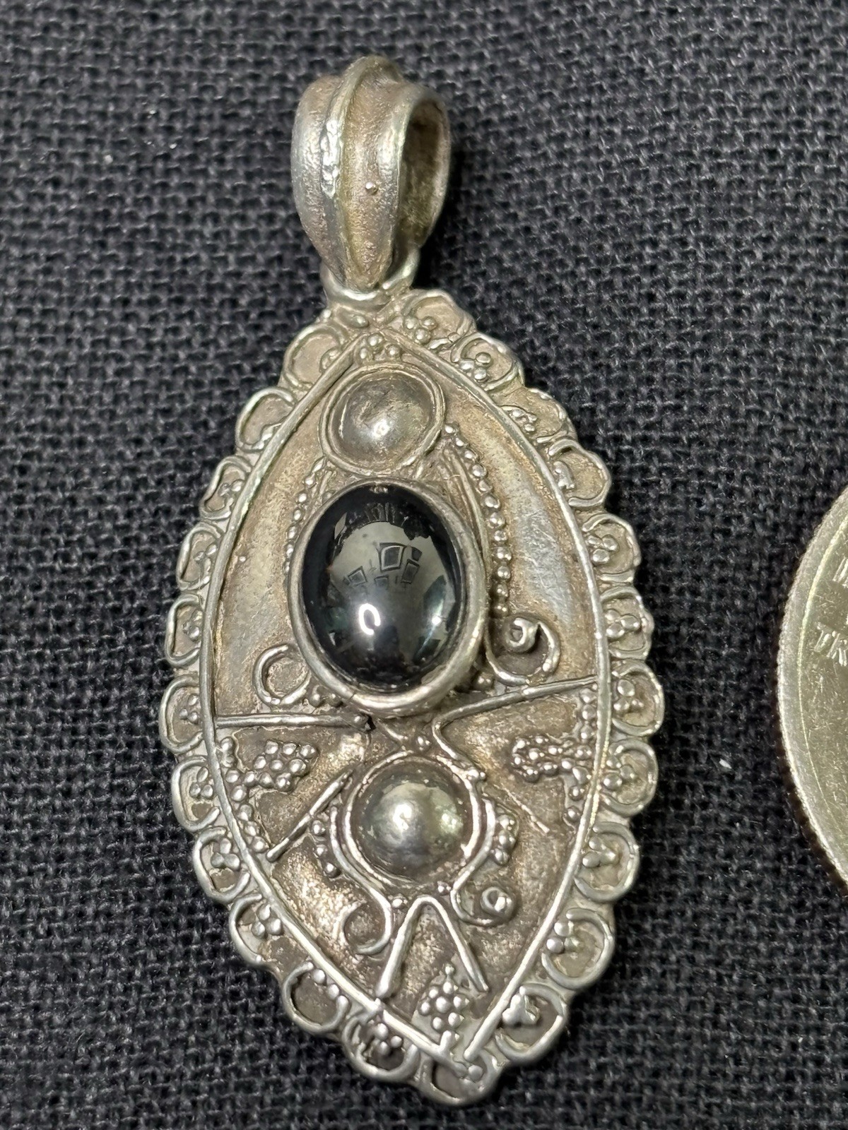 Vintage 925 Sterling Silver & Hematite With Silver Beads& Filigree DesignPendant