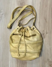 Anthropologie Vilenca Holland Crossbody Bucket Bag Yellow Braided Trim 8x10x4