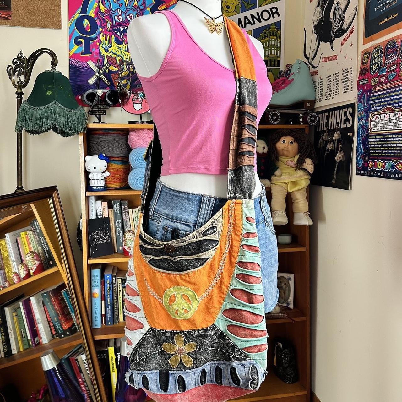 Unique patchwork hippy crossbody bag with peace s… - image 1
