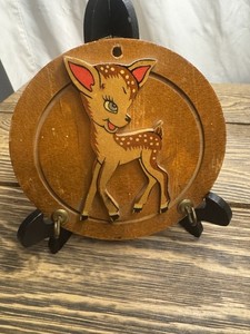 Vintage Wooden Fawn Plaque Bambi Style Circular Cutout Painted Kitsch 1950s