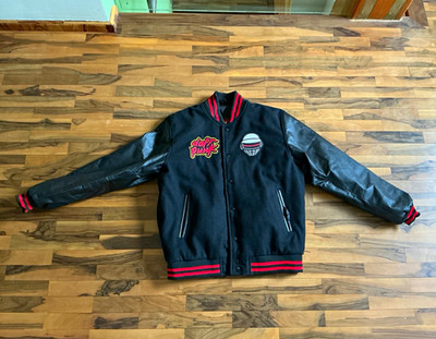 Daft Punk Collegejacke Schwarz Leder Druckknopf Logo-Stickerei Unisex Gr. M