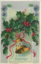 Christmas~Daisy Bell Swings From Red Ribbon Holly Berry~Violets~Emboss~BW 327