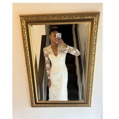 Suzanne Neville Bespoke Ivory Lace V Neck Long Sleeve Wedding Button Dress - Image 1 of 4