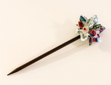 1 pc of Kanzashi Flower Hairstick Hair Stick Blue Green Fabric and Czech Beads