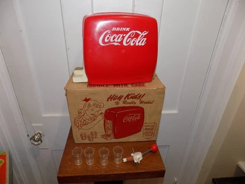 Vintage Toy Coca Cola Plastic Dispenser with Box and 4 Plastic Glasses