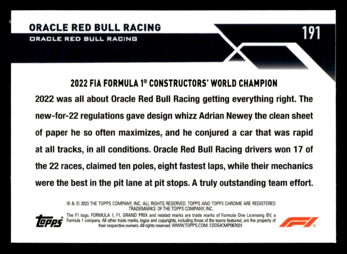 2023 Topps Chrome Formula 1 #191 Oracle Red Bull Purple Checker X