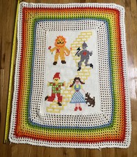 Wizard Of Oz Crochet Rainbow Border Handmade Baby Blanket 36" x 26" VTG