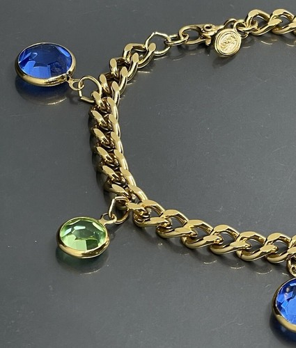 Monet Gold Tone Faceted Blue Green Bezel Crystal Dangle Charm Bracelet 7.5-7.75” - Picture 3 of 6