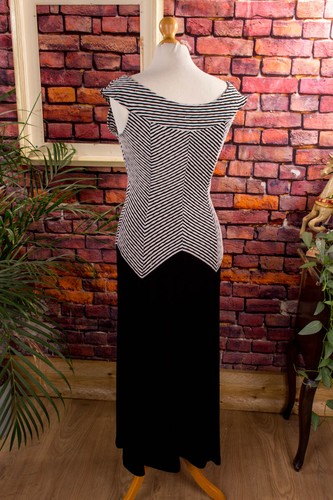 Vintage Vestido de Noche Stretch Negro Blanco Rayas Gótico M - Imagen 5 de 7