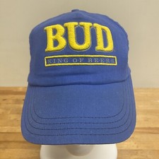 Vintage Bud King of Beer Adjustable Cap / Hat Yellow Blue Made in The USA
